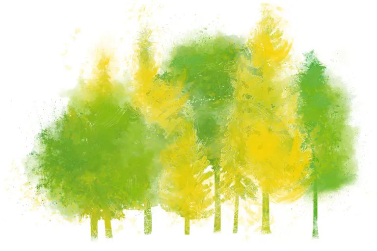 Stabla u šumi u žutoj i zelenoj boji, emisije, CO2 otisak.